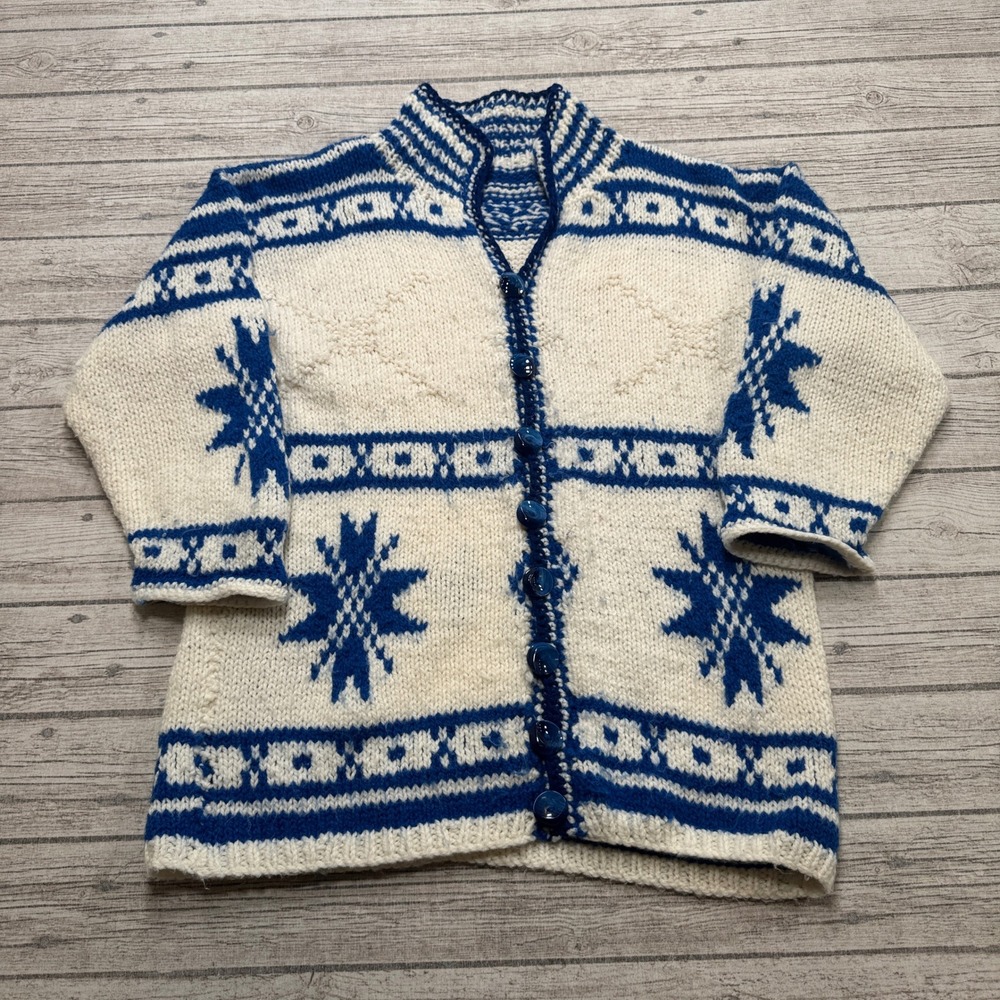Vintage Nordic Sweater Men's Medium Blue White Chunky Knit Snowflake Cardigan